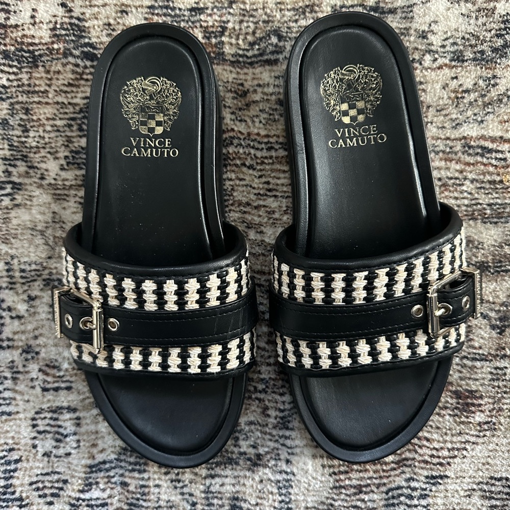 Vince Camuto Black and Cream Buckle Sandals